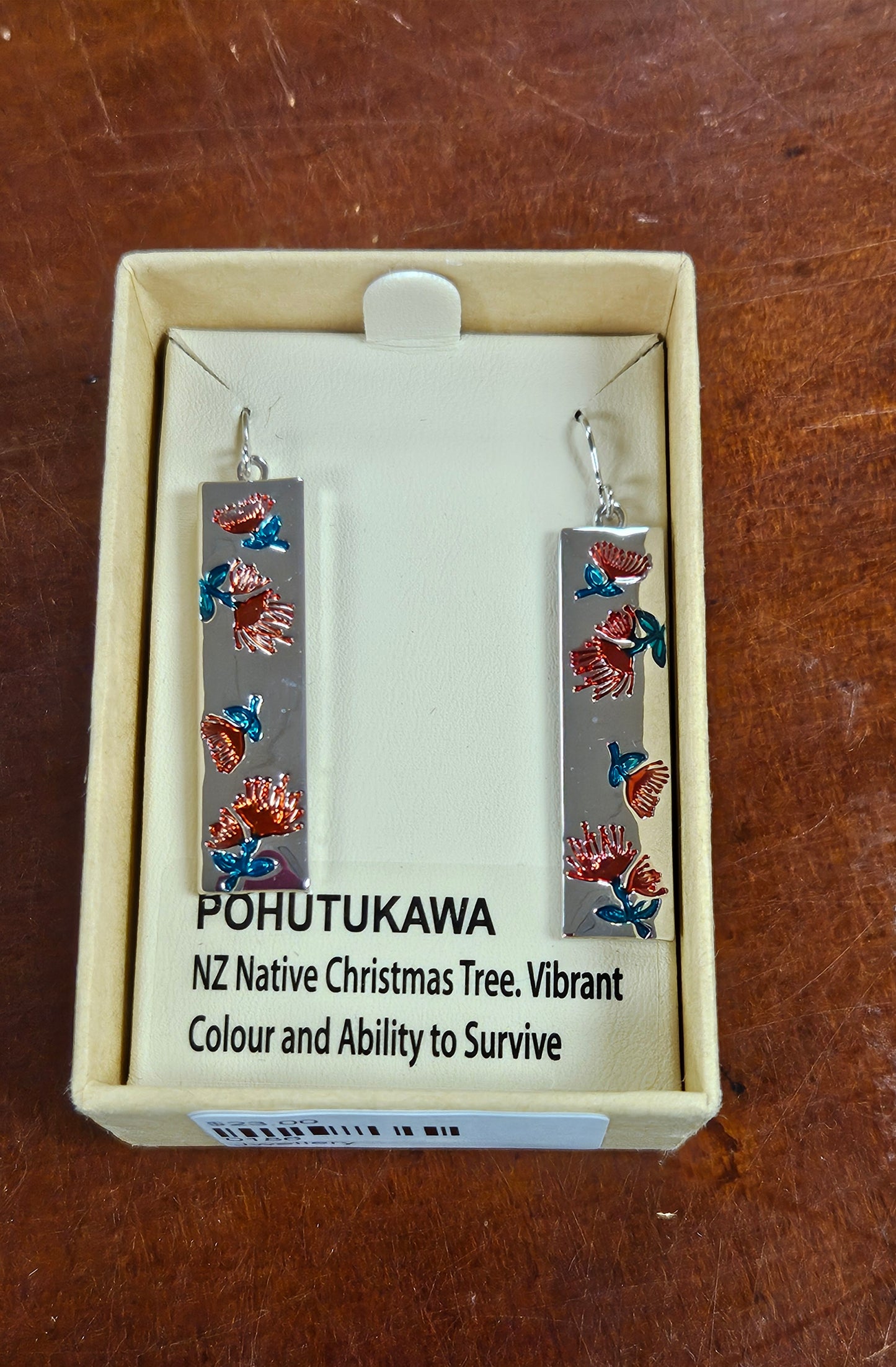 Silver Rectangle Earrings Featuring Pohutukawa Flowers