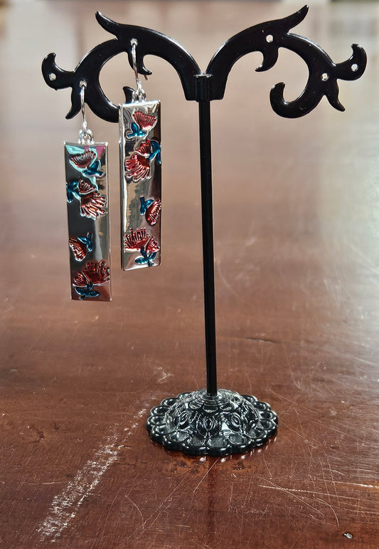 Silver Rectangle Earrings Featuring Pohutukawa Flowers