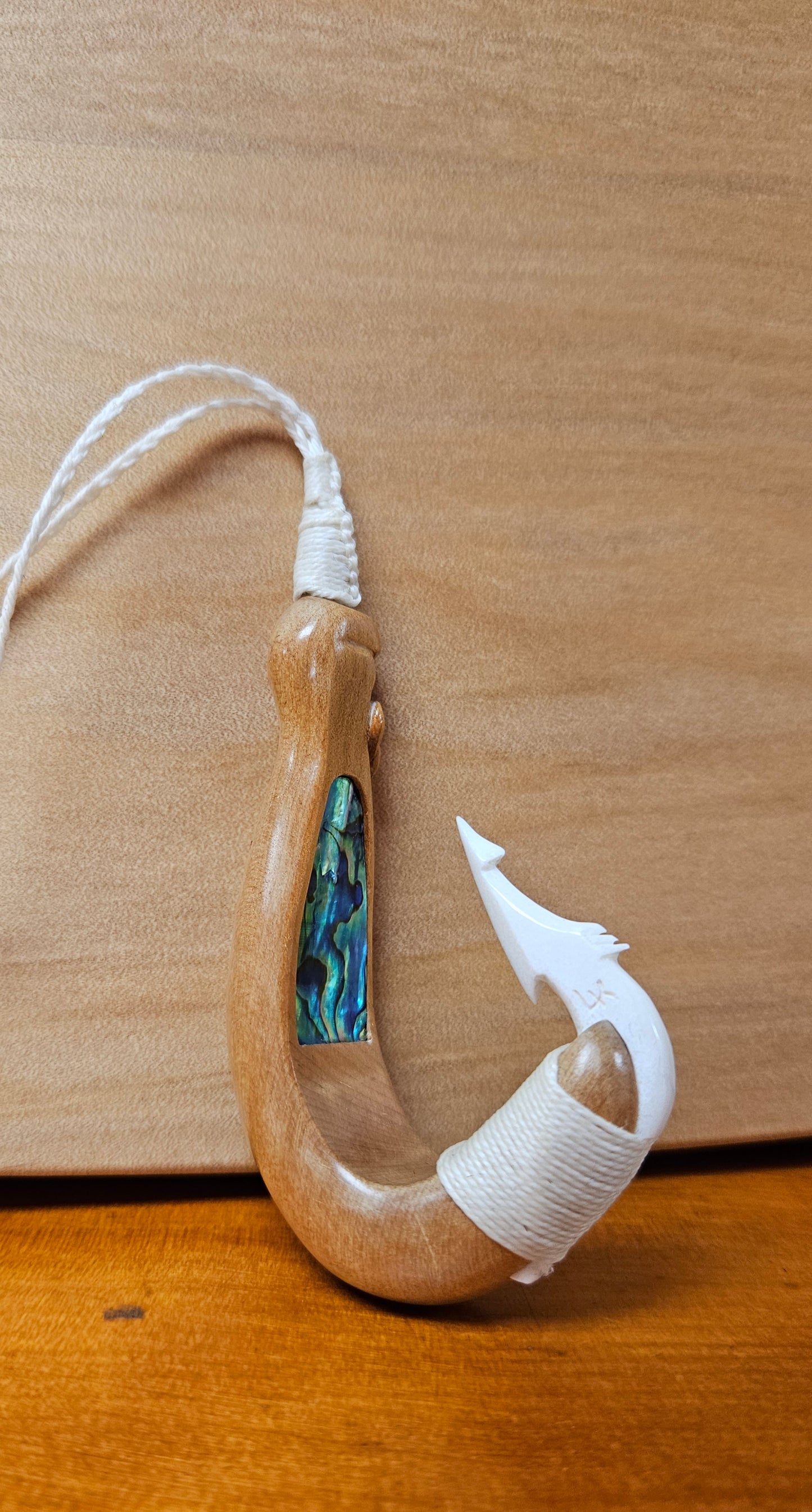 Kauri , Bone & Paua  Fishhook Pendant