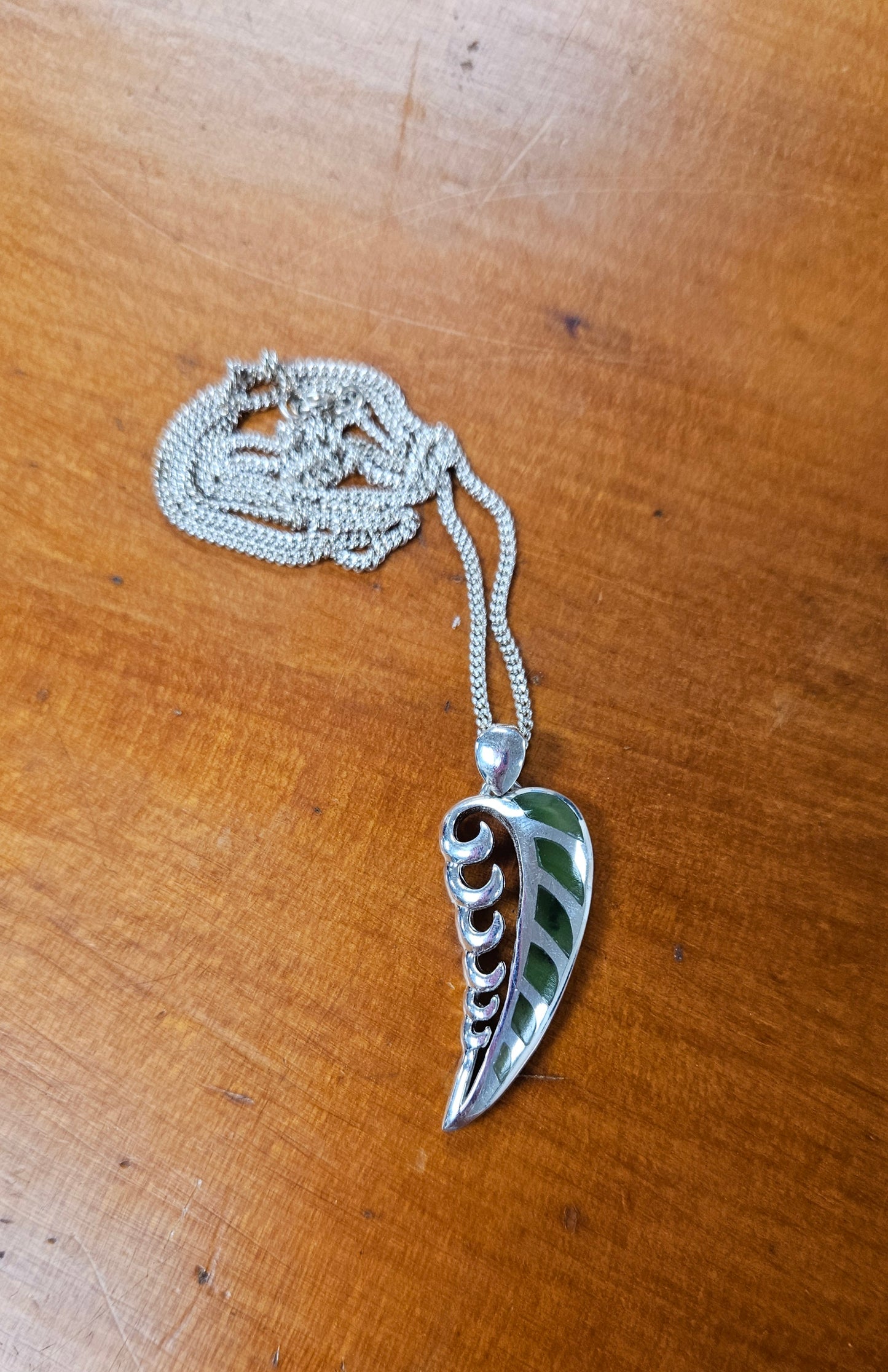 Sterling Silver And Greenstone  Fern Pendant And Chain