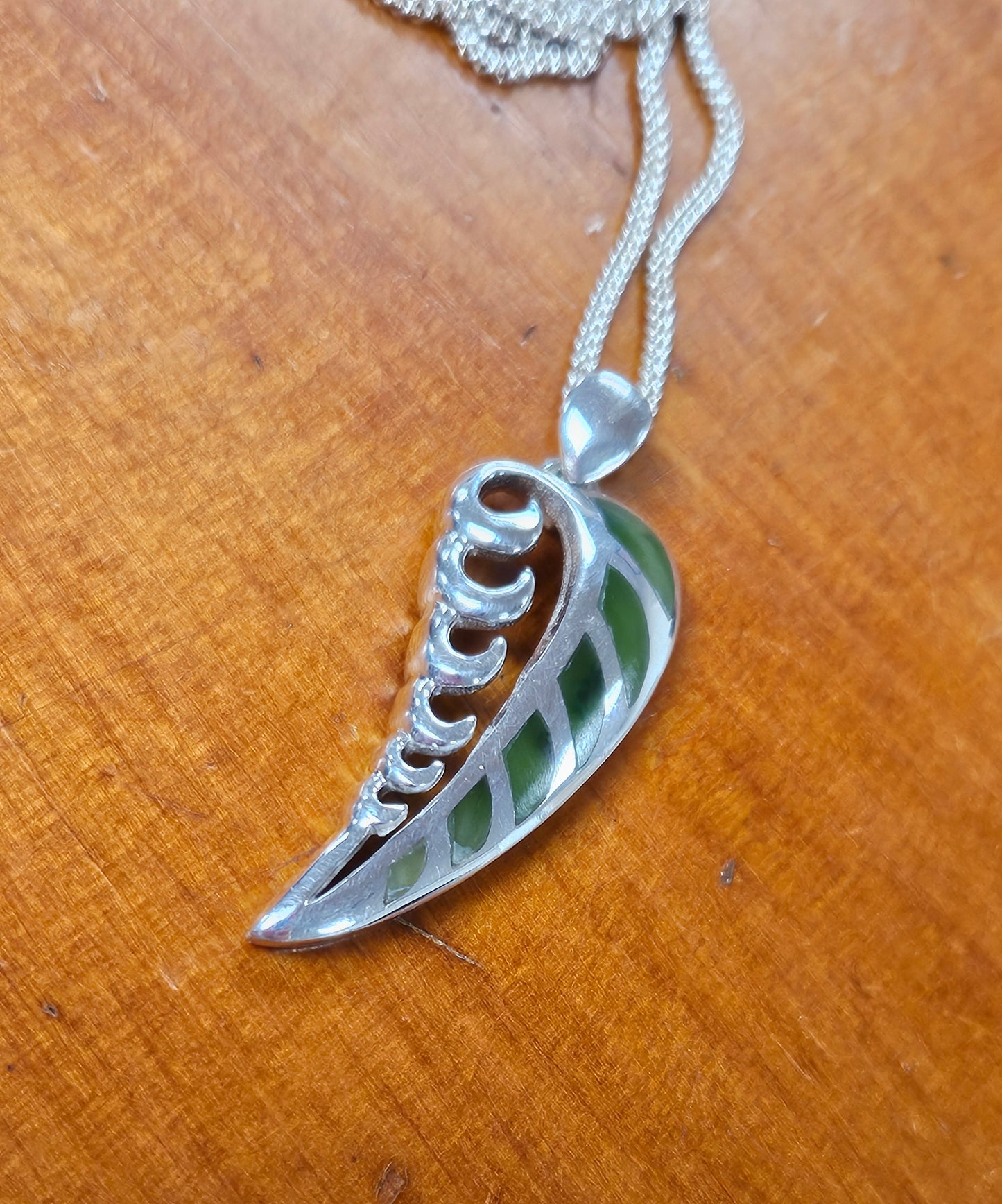 Sterling Silver And Greenstone  Fern Pendant And Chain